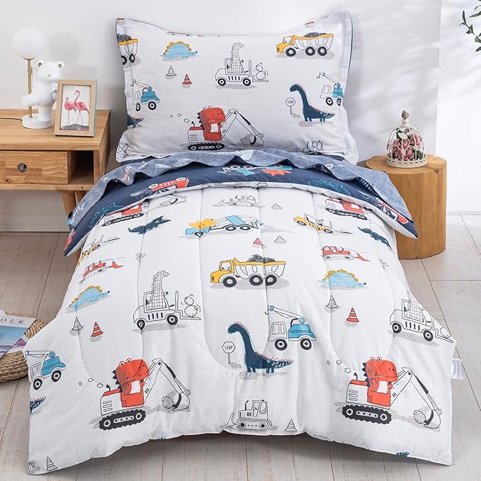 DJY 4 Pieces Cotton Toddler Bedding Set, Dinosaur Cars Reversible Toddler Bed by HOME