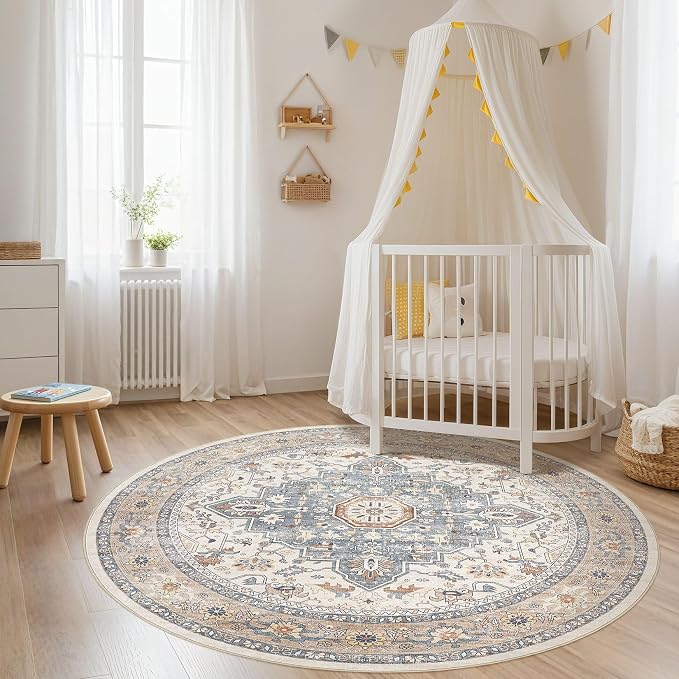 Round Rug Living Room Rugs: 7x7 Washable Boho Neutral Large Circle Soft Indoor - Image 6