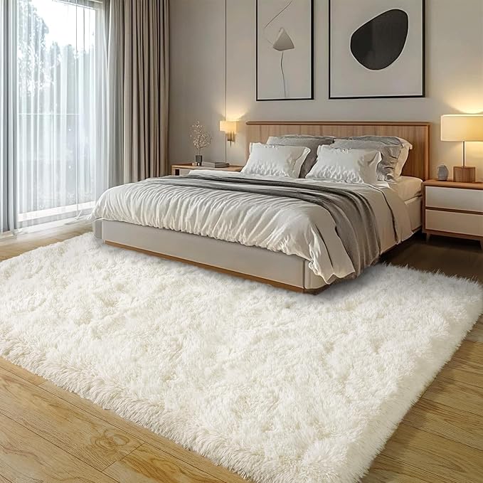 Cream White Plush Rug for Living Room Fuzzy Carpet for Bedroom Dorm, Non-Slip - Image 3