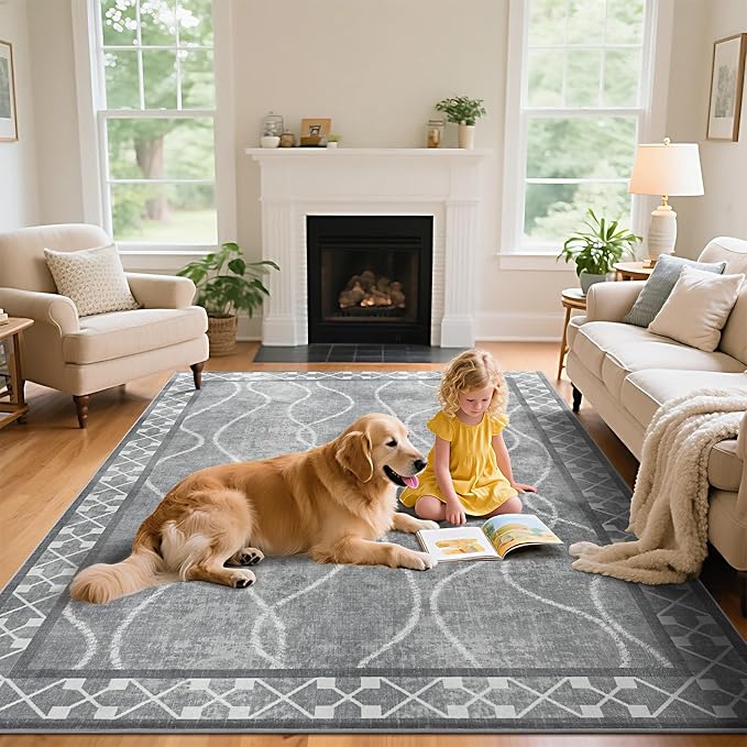 5x7 Light Grey Area Rugs for Living Room, Machine Washable Non-Slip Backing Low - Image 3