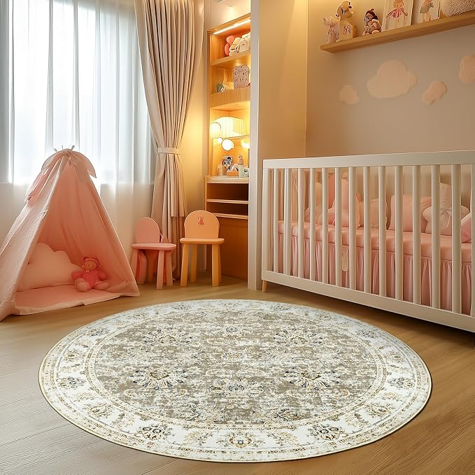 jinchan Fiora Round Rug 6ft Area Rugs Vintage Floral Distressed Design - Image 4
