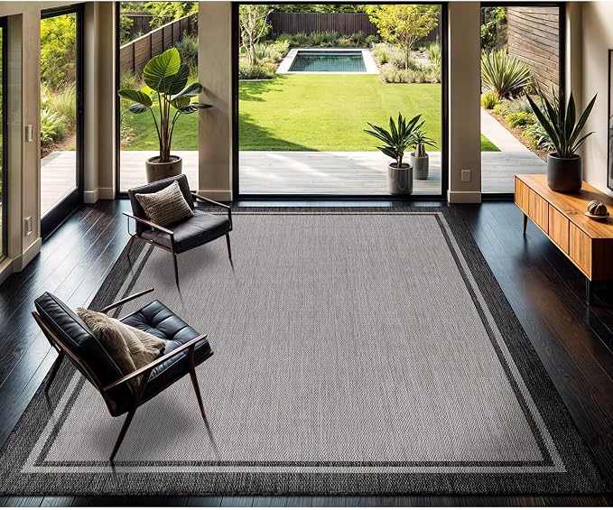 CAMILSON Indoor Outdoor Rug, 9x12 Bordered Gray Modern Area Rugs - Image 7