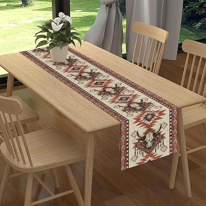 Native Aztec Table Runner, Tribal Style Southwestern Geometric Western Ethnic - Image 2