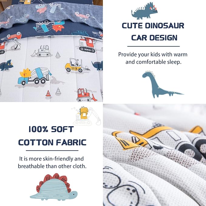 DJY 4 Pieces Cotton Toddler Bedding Set, Dinosaur Cars Reversible Toddler Bed - Image 4