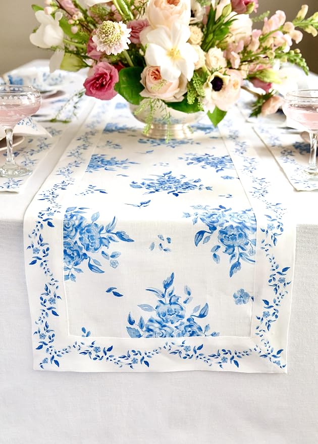Solino Home Blue Floral Print Table Runner 72 Inches Long by SolinoHome