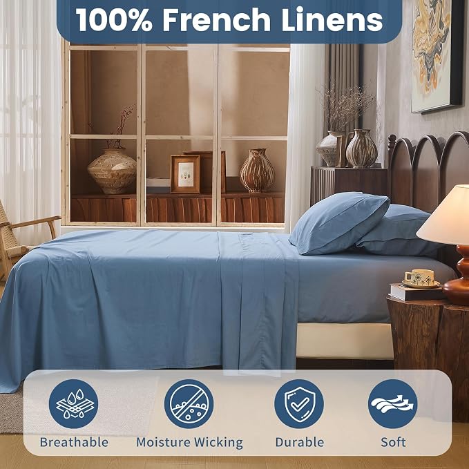 100% Linen Sheets California King Size, Breathable & Durable 4-Piece Bed Flax - Image 2