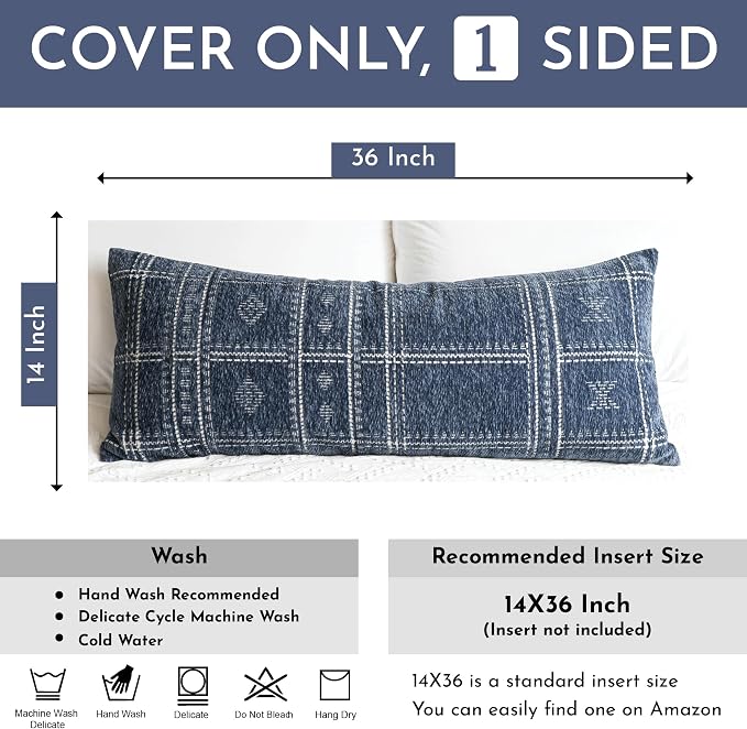 BlissBlush Dark Blue Boho Lumbar Throw Pillow Cover 14X36, Decorative Long - Image 3