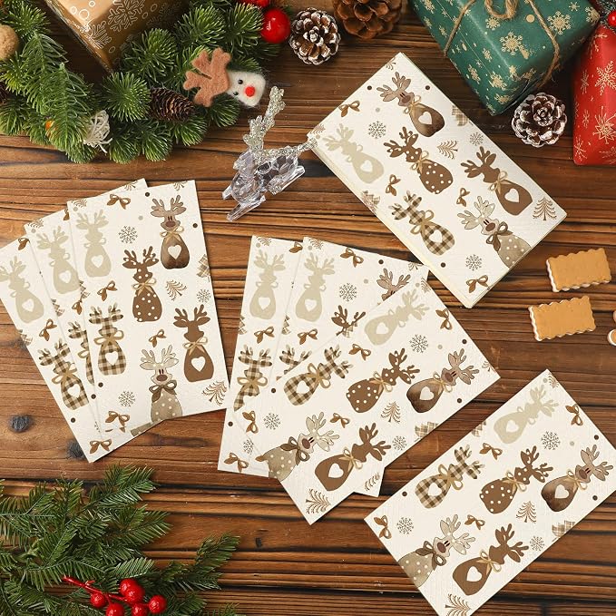 Peryiter 100 Pack Rustic Neutral Christmas Reindeer Paper Napkins Disposable 3 - Image 4
