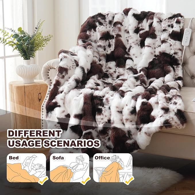 Cow Print Heating Throw Blankets Luxurious Western Soft Bubble Faux Rabbit Fur - Image 2
