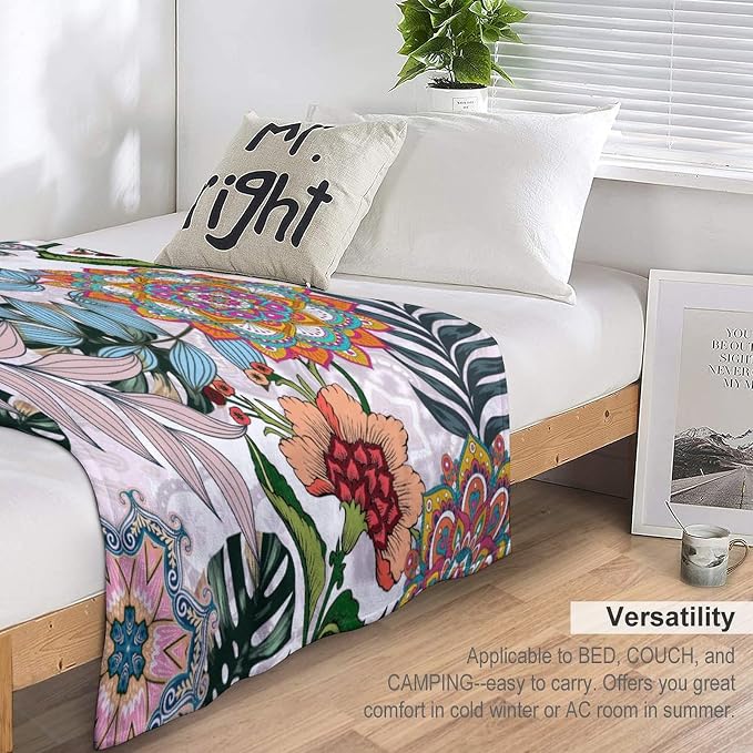 Boho Flowers Blanket for Women Girls, Rustic Bohemian Mandala Palm Leaves - Image 5