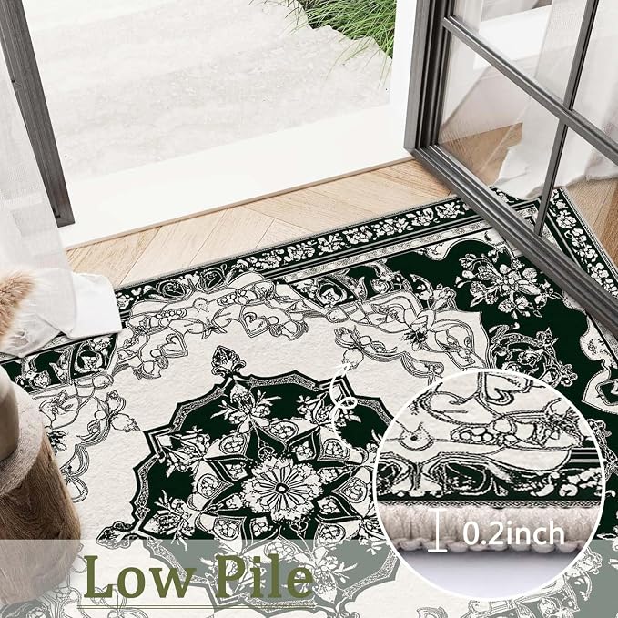 4x6 Traditional Oriental Area Rug Black White Dark Green Rug Non Slip Low Pile - Image 9