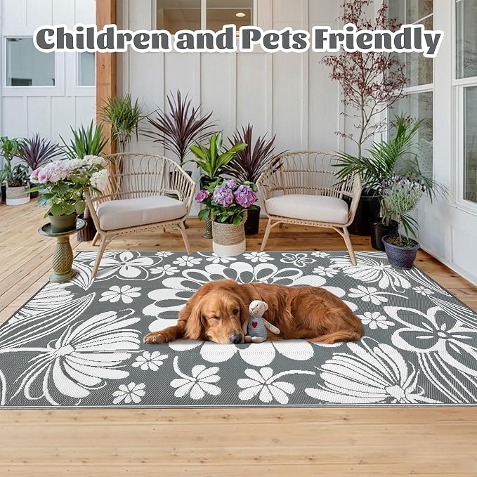 Ileading Outdoor Plastic Straw Rug 6x9ft Funny Floral Style Reversible Patio - Image 2