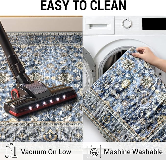 KUTA Vintage Washable Runner Rug, 2.6x8 Blue Grey Beige Runners - Image 5