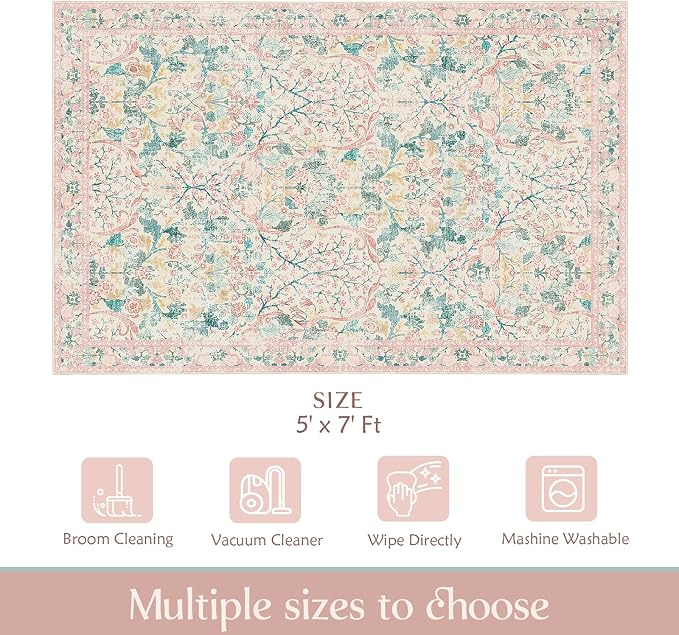 MUJOO Pink 5x7 Area Rugs, Floral Washable Rug - Image 2
