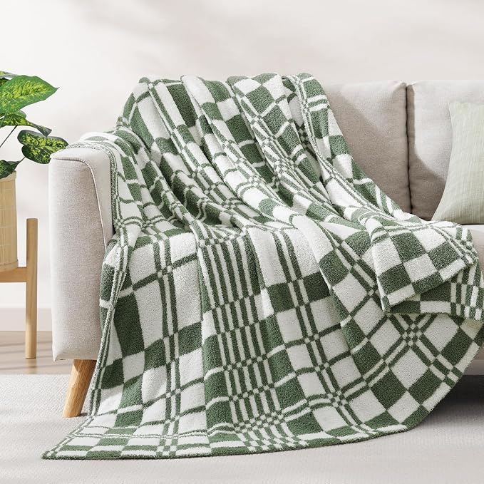 WRENSONGE Checkered Throw Blanket, Olive Green Soft Cozy Fluffy Warm Hand Made - Image 2