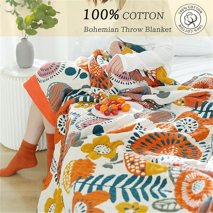 Cotton Throw Blanket for Couch Bed 100% Cotton Quilt 90''x 98'', Boho Floral - Image 3