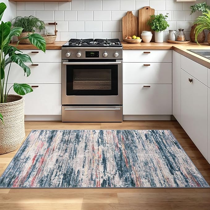 3x5 Modern Abstract Area Rug for Entryway, Teal Blue Peach Gray Multi Super - Image 2