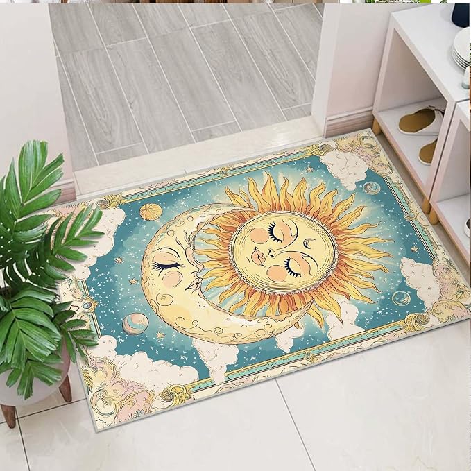 2x3 Sun and Moon Entryway Area Rug Blue Yellow Hippie Celestial Bathroom Rug - Image 2