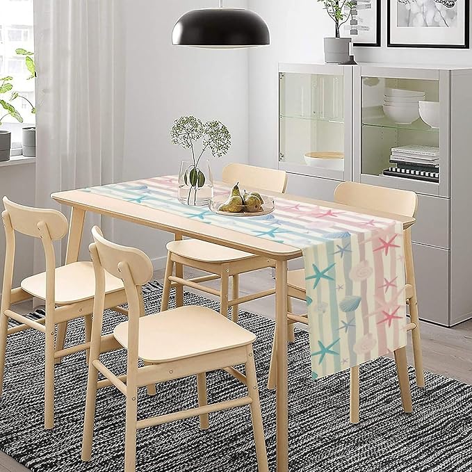 Coastal Starfish Kitchen Table Runner, Colorful Watercolor Blue and Pink Stripe - Image 8