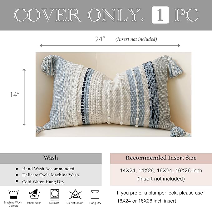 BlissBlush Decorative Lumbar Throw Pillow Cover 14x24 Boho Coastal Blue Accent - Image 5