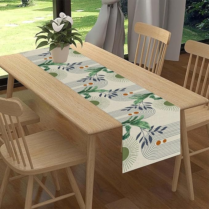 Mid Century Modern Table Runner, Abstract Green Leaves Tropical Plants Palm - Image 2