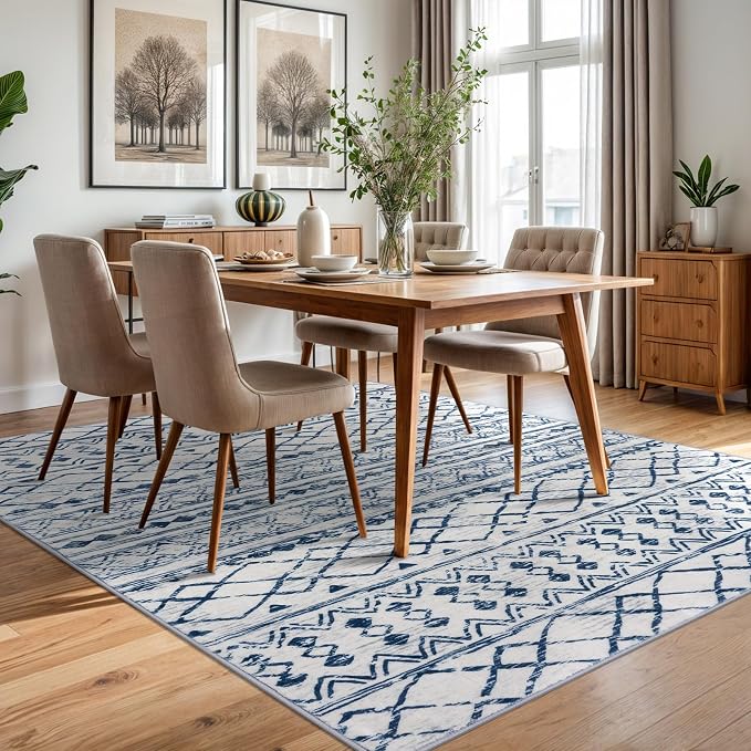 KUTA Area Rug 5x7, Moroccan Large Blue White Rugs Washable Boho Non-Slip - Image 3