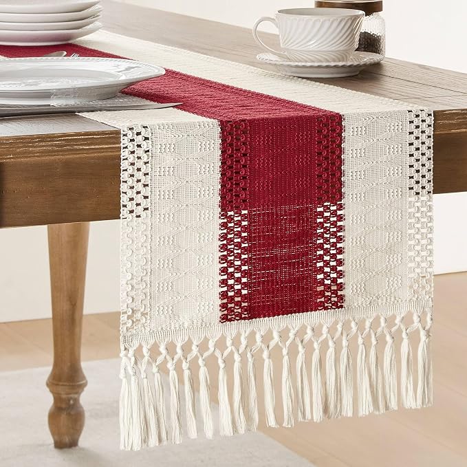 ZeeMart Macrame Style Bicolor Stitching Table Runner, 14 x 36 Inch Red/Ivory by ZEEMARTONLINE