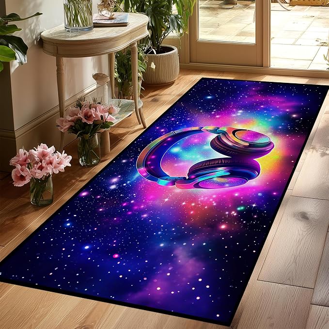 Galaxy Game Area Rug Music Headphone Rugs Colorful Throw Rug Non-Slip Carpet by CERYUEE