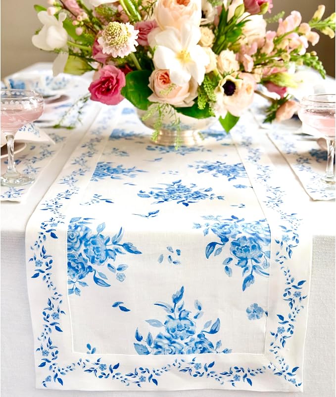 Solino Home Blue Floral Print Table Runner 90 Inches Long by SolinoHome