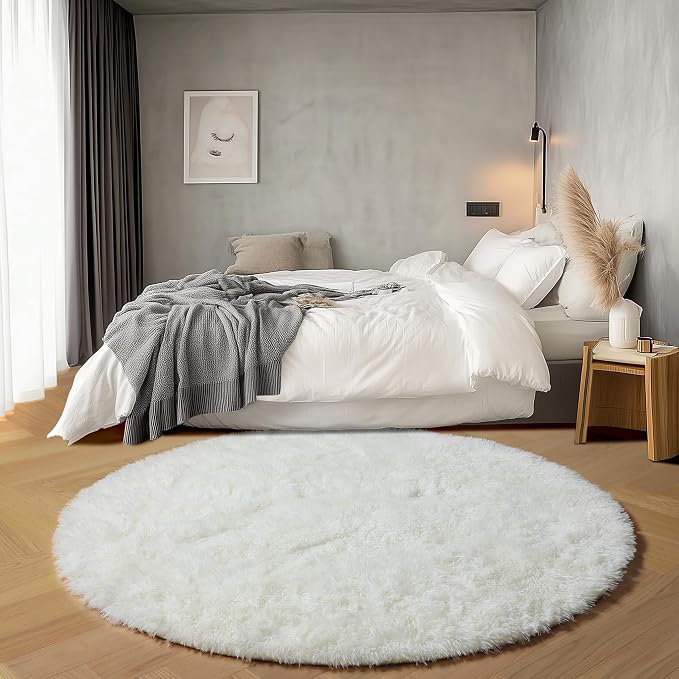 ONASAR Cream White Round Area Rugs 6ft, Fluffy Soft Bedroom Circle Rug Floor Mat by ONASAR