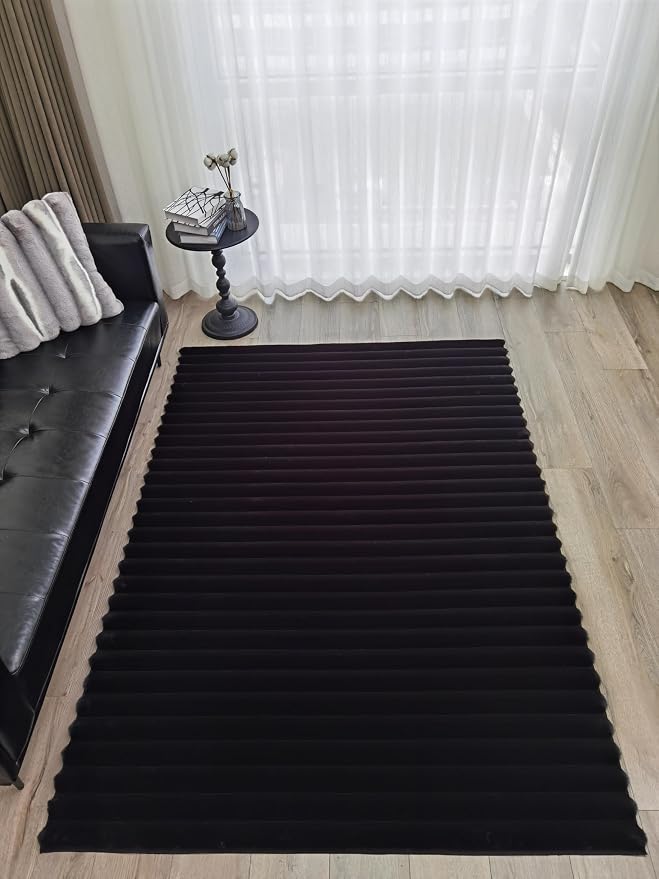 GLORY RUGS Area Rugs Striped Soft Faux Rabbit Fur Rug 8x10 Becky Black Plush - Image 4