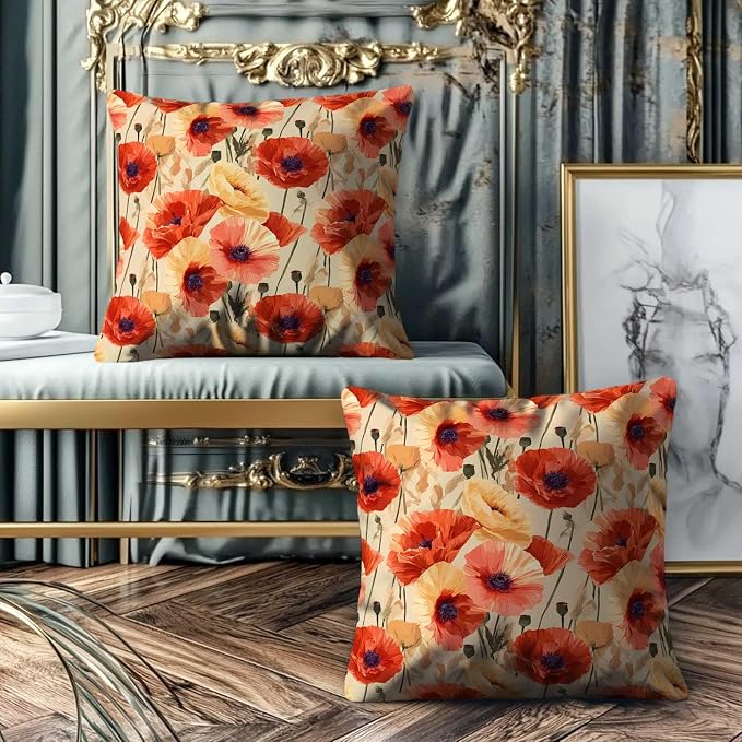 Floral Throw Pillow Covers Set of 2 | Poppy Flower Print Decorative Cushion - Image 4