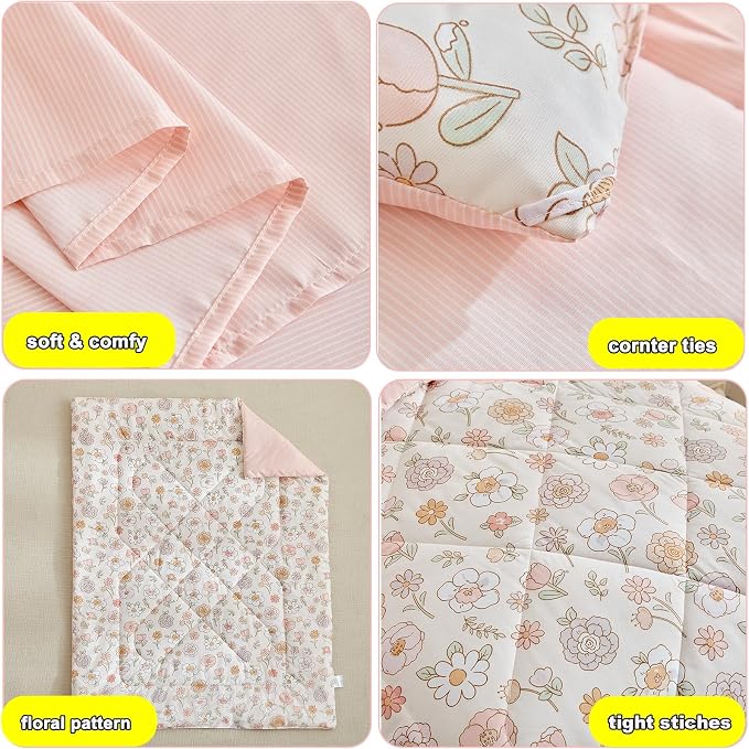 DuShow Floral 4 Piece Girls Toddler Bed Comforter Set Pink Flower Reversible - Image 6
