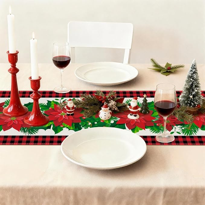 OTOSTAR Black and Red Buffalo Check Plaid Holly Christmas Flowers Table Runner - Image 7