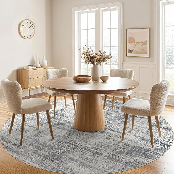 8ft Round Area Rug for Living Room: 8x8 Washable Neutral Abstract Modern Soft - Image 3