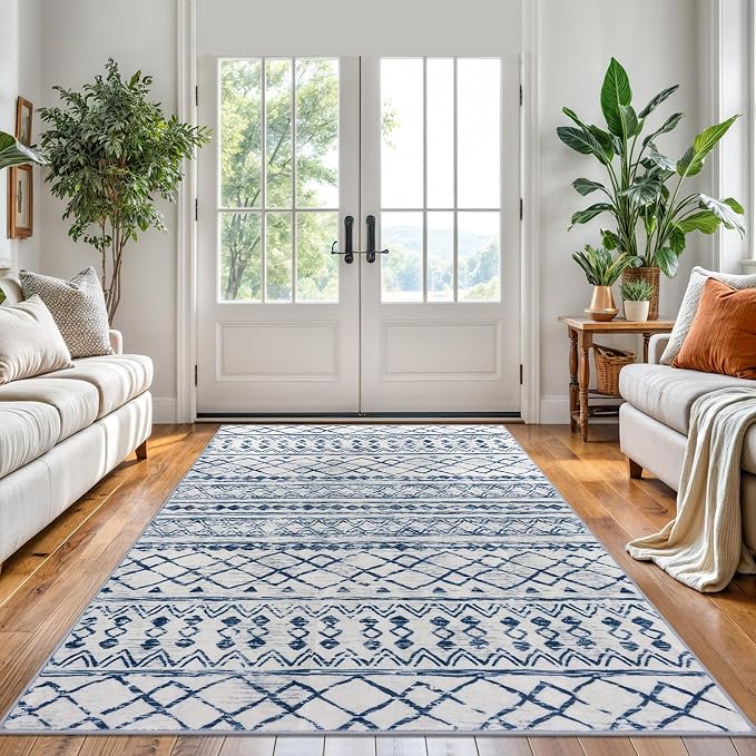 KUTA Area Rug 5x7, Moroccan Large Blue White Rugs Washable Boho Non-Slip - Image 2