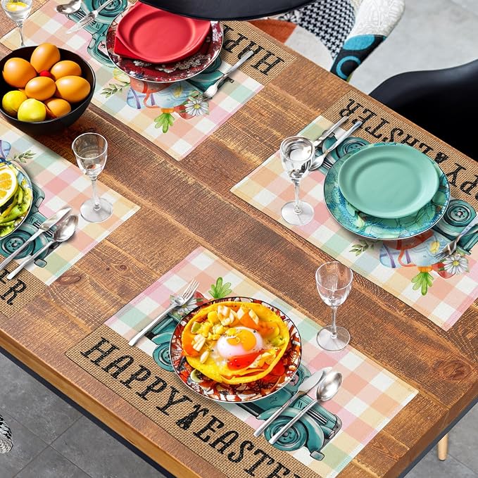 Happy Easter Placemats Set of 4 Pink Yellow Blue Buffalo Plaid Truck Eggs Daisy - Image 7