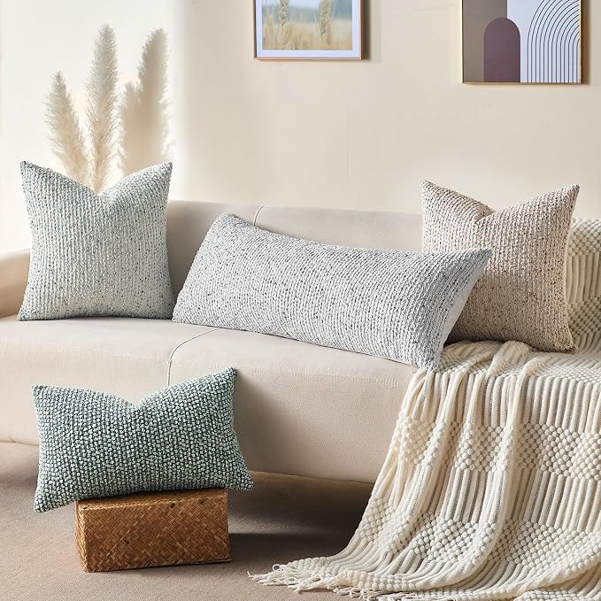 Decorative Lumbar Pillow Cover 14x36 Blue Striped Wool Long Body Pillow Neutral - Image 6