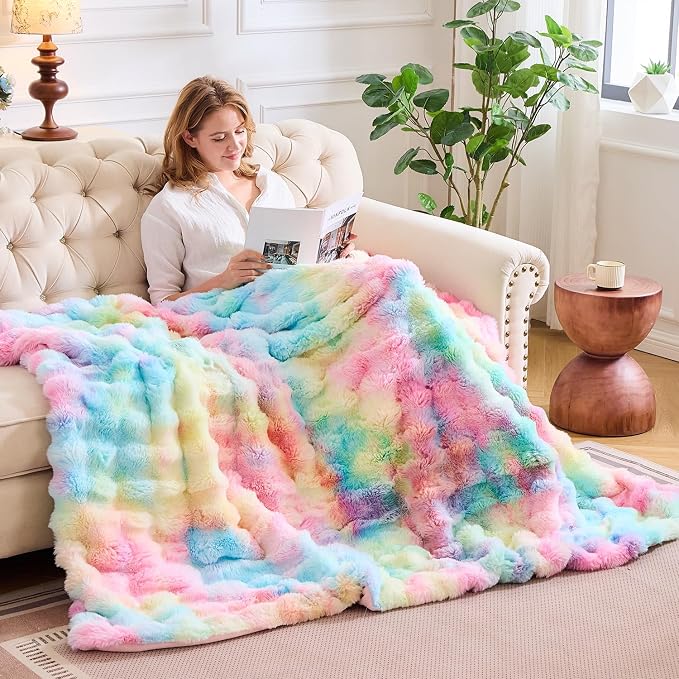 Lotus Karen King Size Faux Fur Blanket Rainbow - Image 3