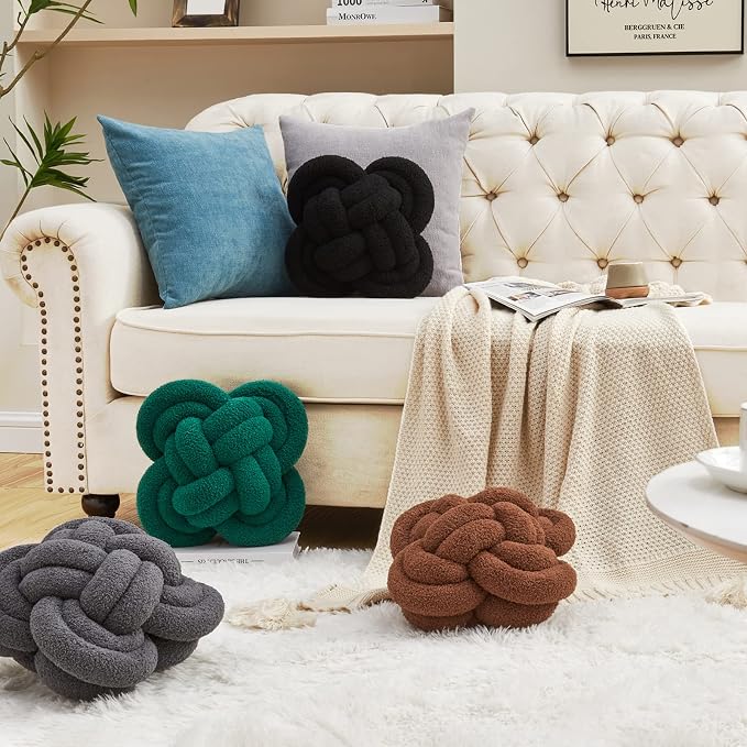 Xiashrk Knot Pillow Ball, Dark Green Knotted Plush Throw Pillow Handmade Square - Image 4