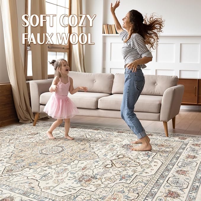 7x10 Area Rug Living Room: Washable Boho Large Neutral Vintage Soft Rugs Stain - Image 3