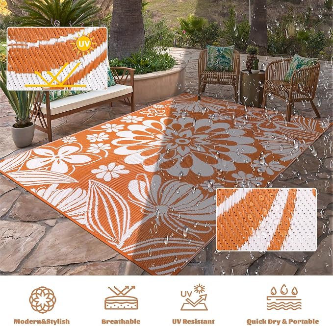 Ileading Outdoor Plastic Straw Rug 5x8ft Funny Floral Style Reversible Patio - Image 4