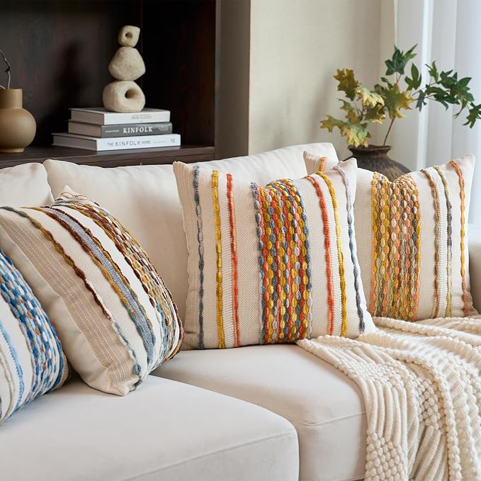 Aeckself Boho Pillow Covers 18x18 Inch Set of 2, Farmhouse Decorative Striped - Image 6