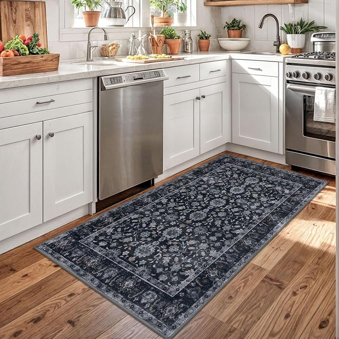 KUTA 3x5 Rugs for Entryway, Vintage Floral Area Rug Washable Non-Slip Black - Image 2