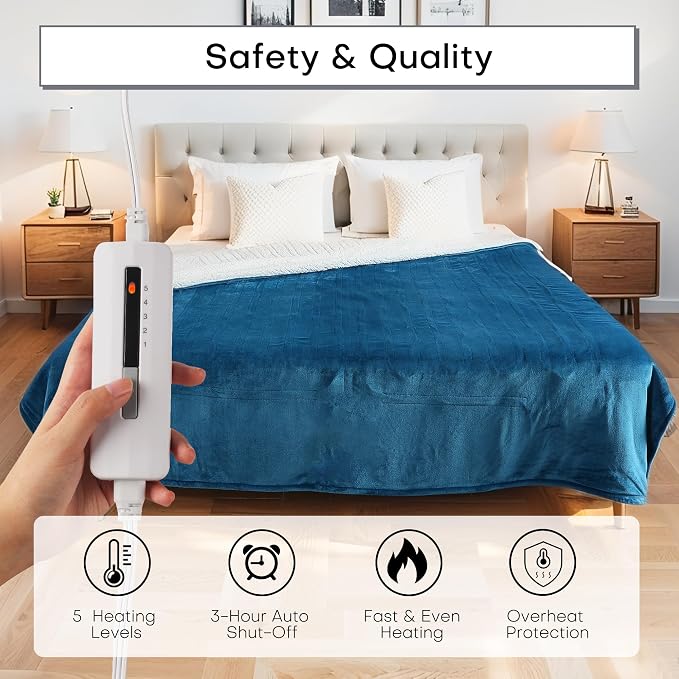 Electric Heated Blanket Throw Size 50"x60", 5 Heat Settings- 3H Auto Shut Off - Image 3
