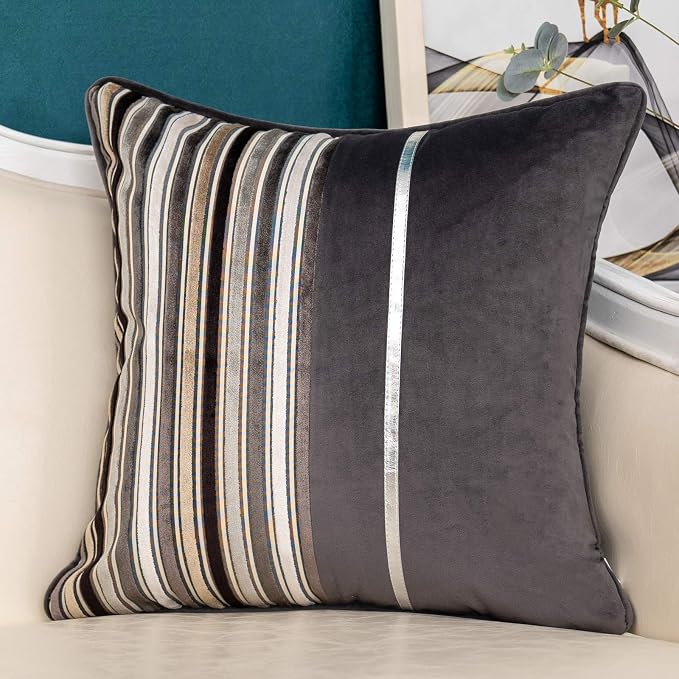 Yangest Grey Striped Patchwork Throw Pillow Cover Silver Leather Cushion Cover by Yangest