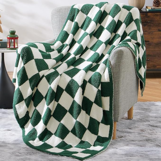 WRENSONGE Checkered Throw Blanket, Avocado Green Soft Cozy Fluffy Warm Hand by WRENSONGE