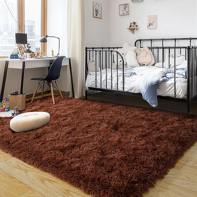 Brown Plush Rug for Living Room Fuzzy Carpet for Bedroom Dorm, Non-Slip High - Image 4