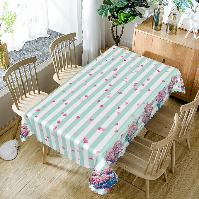 54x70inches Mint and White Stripes Tablecloth Pink Flowers Hearts Printed Table - Image 5