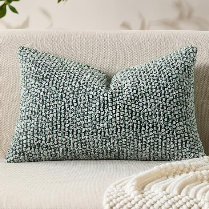 Decorative Lumbar Pillow Cover 12x20 Green Striped Soft Wool Lumbar Throw by Allorry